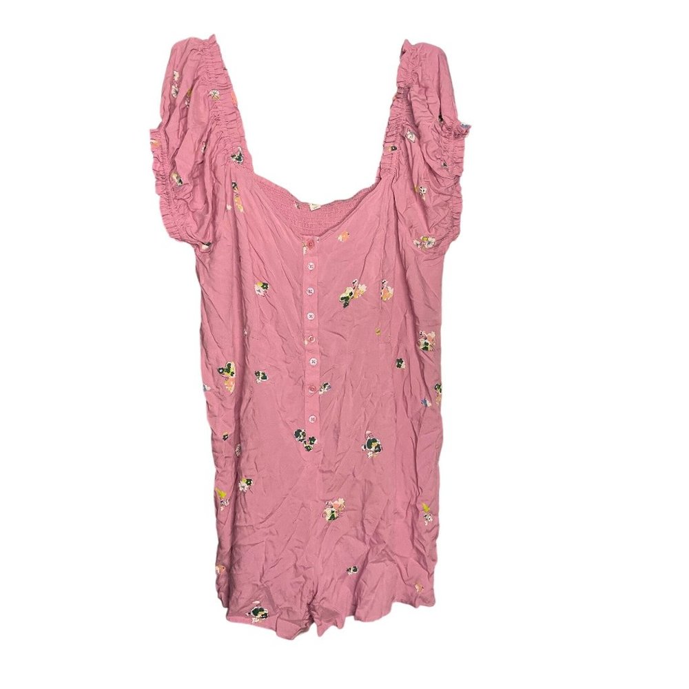 BP Romper Womens 2X Pink Floral Short Outfit Puff Sleeve Plus Size Scoop Neck